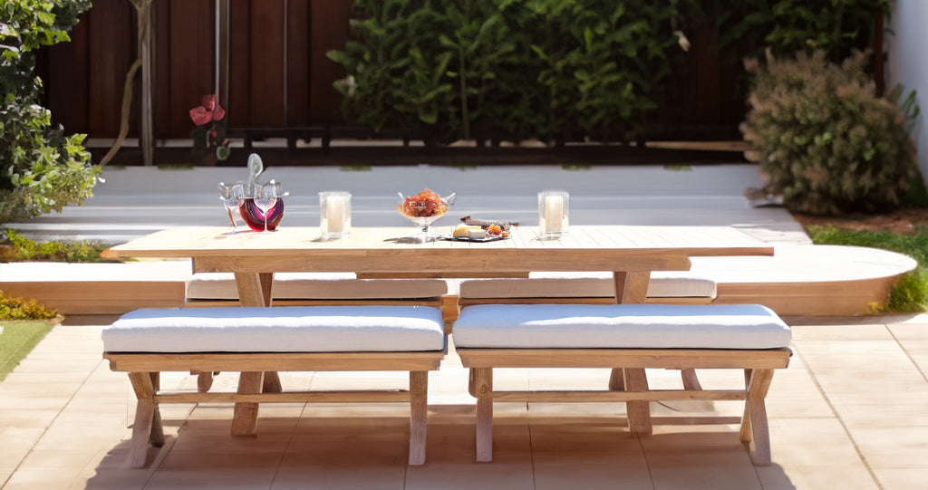 5 pc Newport Teak Bench Dining Set with Expansion Table. Sunbrella Cushion