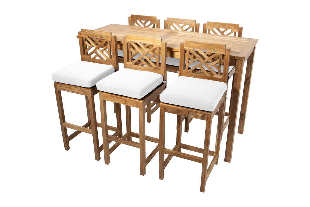 7 pc Monterey Teak Barstool with Rectangular Bar Table. Sunbrella Cushion.