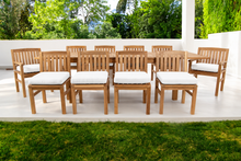 11 pc Huntington Teak Dining Set with 120" Double Leaf Expansion Table. Sunbrella Cushion
