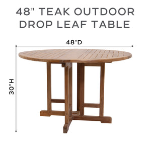 5 pc Lakeland Teak Folding Arm Chair Dining Set with 48" Round Drop Leaf Table