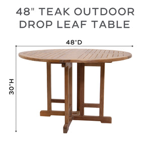 5 pc Lakeland Teak Folding Armless Chair Dining Set with 48" Round Drop Leaf Table
