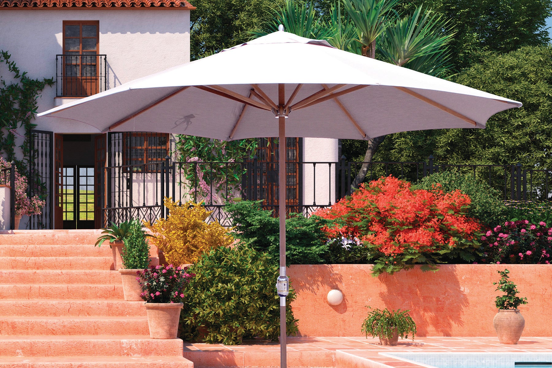 galtech sunbrella patio umbrella Galtech 587 11' Teak Outdoor Market Umbrella with Crank – Willow Creek Designs