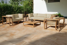 5 pc Laguna Teak Outdoor Sofa and Loveseat Seating Group with Coffee Table. Sunbrella Cushion