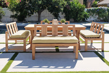 5 pc Newport Teak Bench Dining Set with Expansion Table. Sunbrella Cushion.