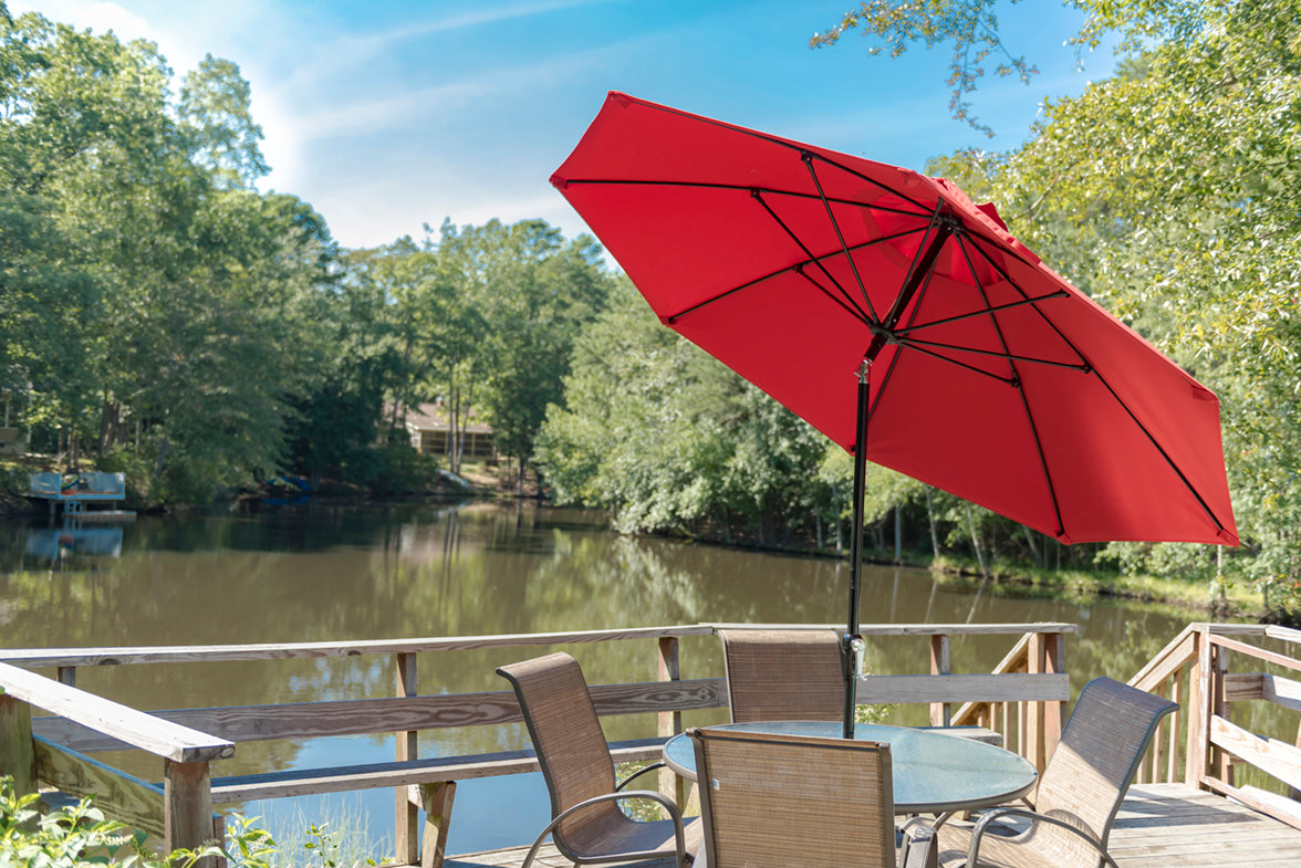 fiberglass patio umbrella red Frankford 864FMA 11' Monterey Crank Lift Auto Tilt Fiberglass Market Umbrella