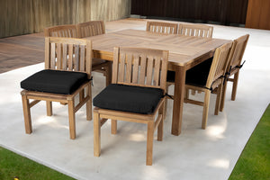 9 pc Huntington Teak Dining Set with 64" Square Dining Table. Sunbrella Cushion