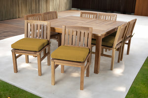 9 pc Huntington Teak Dining Set with 64" Square Dining Table. Sunbrella Cushion