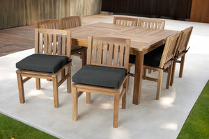 9 pc Huntington Teak Dining Set with 64" Square Dining Table. Sunbrella Cushion