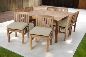 9 pc Huntington Teak Dining Set with 64" Square Dining Table. Sunbrella Cushion