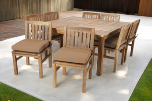 9 pc Huntington Teak Dining Set with 64" Square Dining Table. Sunbrella Cushion