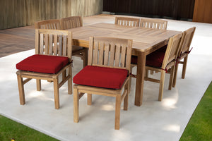 9 pc Huntington Teak Dining Set with 64" Square Dining Table. Sunbrella Cushion