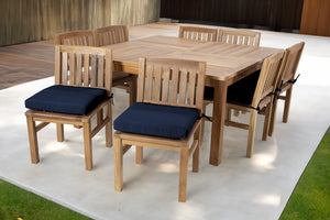 9 pc Huntington Teak Dining Set with 64" Square Dining Table. Sunbrella Cushion