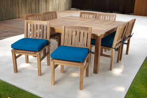 9 pc Huntington Teak Dining Set with 64" Square Dining Table. Sunbrella Cushion