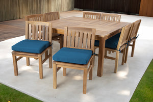 9 pc Huntington Teak Dining Set with 64" Square Dining Table. Sunbrella Cushion