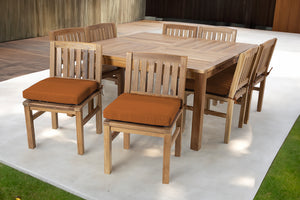 9 pc Huntington Teak Dining Set with 64" Square Dining Table. Sunbrella Cushion