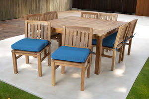 9 pc Huntington Teak Dining Set with 64" Square Dining Table. Sunbrella Cushion