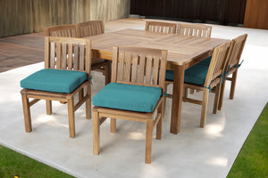 9 pc Huntington Teak Dining Set with 64" Square Dining Table. Sunbrella Cushion