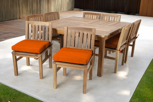 9 pc Huntington Teak Dining Set with 64" Square Dining Table. Sunbrella Cushion