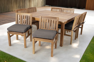 9 pc Huntington Teak Dining Set with 64" Square Dining Table. Sunbrella Cushion