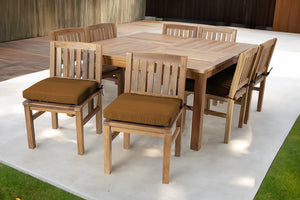 9 pc Huntington Teak Dining Set with 64" Square Dining Table. Sunbrella Cushion