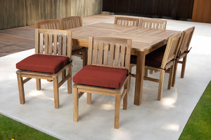 9 pc Huntington Teak Dining Set with 64" Square Dining Table. Sunbrella Cushion