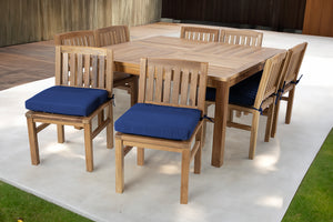 9 pc Huntington Teak Dining Set with 64" Square Dining Table. Sunbrella Cushion
