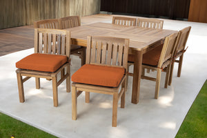 9 pc Huntington Teak Dining Set with 64" Square Dining Table. Sunbrella Cushion