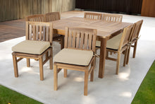 9 pc Huntington Teak Dining Set with 64" Square Dining Table. Sunbrella Cushion
