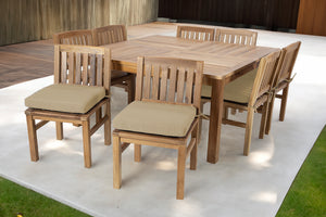 9 pc Huntington Teak Dining Set with 64" Square Dining Table. Sunbrella Cushion
