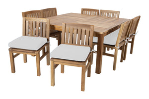 9 pc Huntington Teak Dining Set with 64" Square Dining Table. Sunbrella Cushion