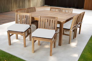 9 pc Huntington Teak Dining Set with 64" Square Dining Table. Sunbrella Cushion