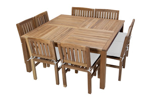 9 pc Huntington Teak Dining Set with 64" Square Dining Table. Sunbrella Cushion