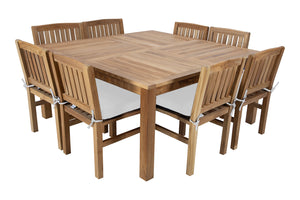 9 pc Huntington Teak Dining Set with 64" Square Dining Table. Sunbrella Cushion