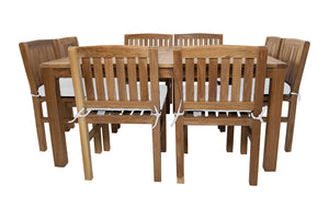 9 pc Huntington Teak Dining Set with 64" Square Dining Table. Sunbrella Cushion