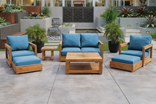 7 pc Chatsworth Teak Outdoor Loveseat Seating Set with Coffee Table. Sunbrella Cushion