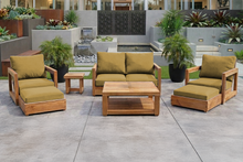 7 pc Chatsworth Teak Outdoor Loveseat Seating Set with Coffee Table. Sunbrella Cushion
