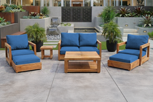 7 pc Chatsworth Teak Outdoor Loveseat Seating Set with Coffee Table. Sunbrella Cushion