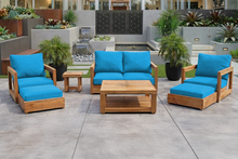7 pc Chatsworth Teak Outdoor Loveseat Seating Set with Coffee Table. Sunbrella Cushion