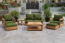 7 pc Chatsworth Teak Outdoor Loveseat Seating Set with Coffee Table. Sunbrella Cushion