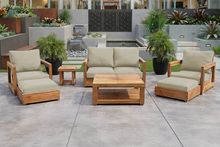 7 pc Chatsworth Teak Outdoor Loveseat Seating Set with Coffee Table. Sunbrella Cushion