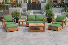 7 pc Chatsworth Teak Outdoor Loveseat Seating Set with Coffee Table. Sunbrella Cushion