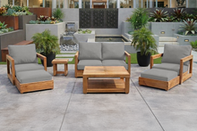 7 pc Chatsworth Teak Outdoor Loveseat Seating Set with Coffee Table. Sunbrella Cushion