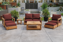 7 pc Chatsworth Teak Outdoor Loveseat Seating Set with Coffee Table. Sunbrella Cushion