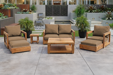 7 pc Chatsworth Teak Outdoor Loveseat Seating Set with Coffee Table. Sunbrella Cushion