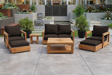 7 pc Chatsworth Teak Outdoor Loveseat Seating Set with Coffee Table. Sunbrella Cushion