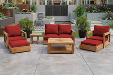 7 pc Chatsworth Teak Outdoor Loveseat Seating Set with Coffee Table. Sunbrella Cushion