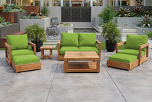 7 pc Chatsworth Teak Outdoor Loveseat Seating Set with Coffee Table. Sunbrella Cushion