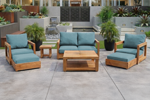 7 pc Chatsworth Teak Outdoor Loveseat Seating Set with Coffee Table. Sunbrella Cushion