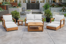 7 pc Chatsworth Teak Outdoor Loveseat Seating Set with Coffee Table. Sunbrella Cushion