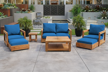 7 pc Chatsworth Teak Outdoor Loveseat Seating Set with Coffee Table. Sunbrella Cushion